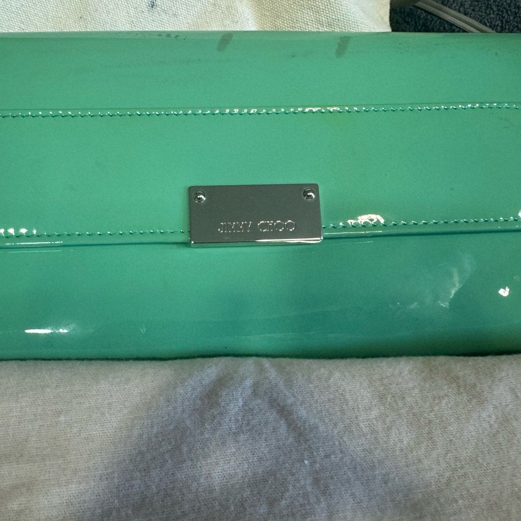 Used Good Condition Jimmy Choo Reese Peppermint Patent Leather Clutch.